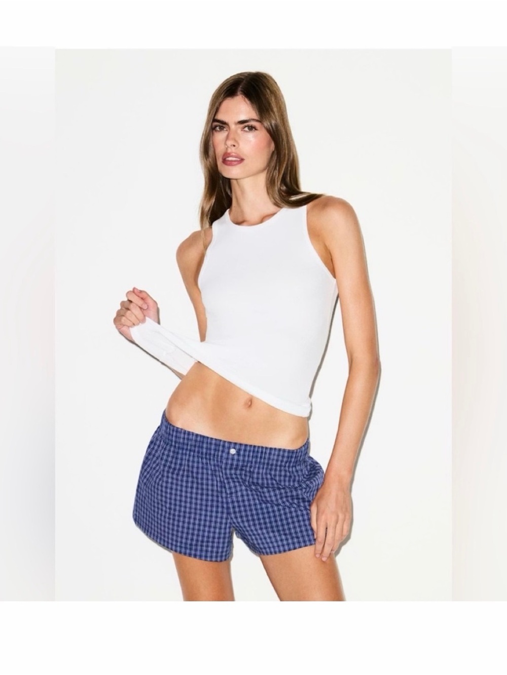 SKIMS COTTON POPLIN SLEEP MINI BOXER SET NAVY CHECK XL @
